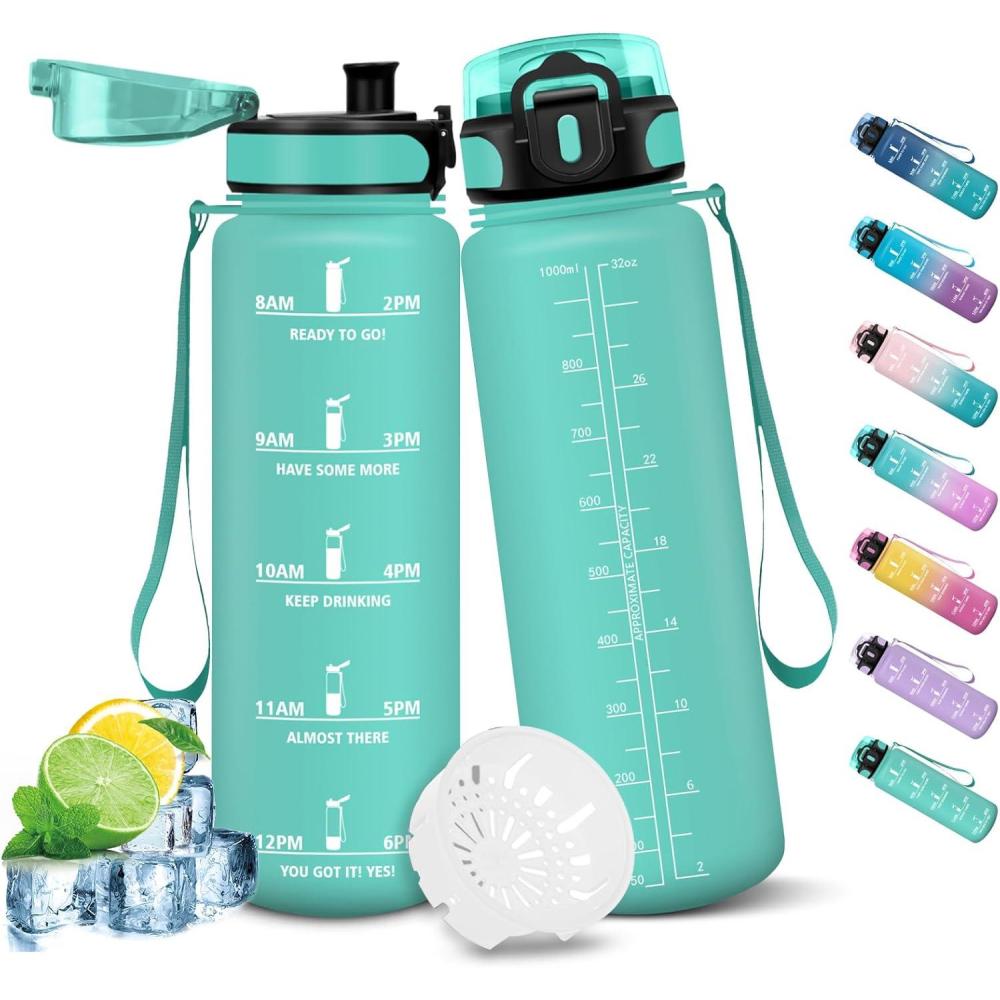 image:imageHoneyHolly Gourde Sport 1500ml tanche ampamp Rutilisable Bouteille Motivation avec Filtre Gourde Bouteille deau Gourdes pour Gym Ecole Cyclisme Plein air SportBleu Vert1l
