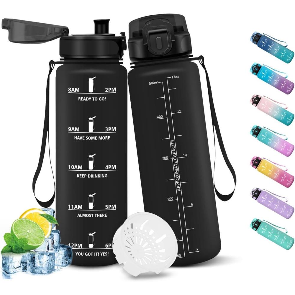 image:imageHoneyHolly Gourde Sport 1500ml tanche ampamp Rutilisable Bouteille Motivation avec Filtre Gourde Bouteille deau Gourdes pour Gym Ecole Cyclisme Plein air SportNoir0 5l