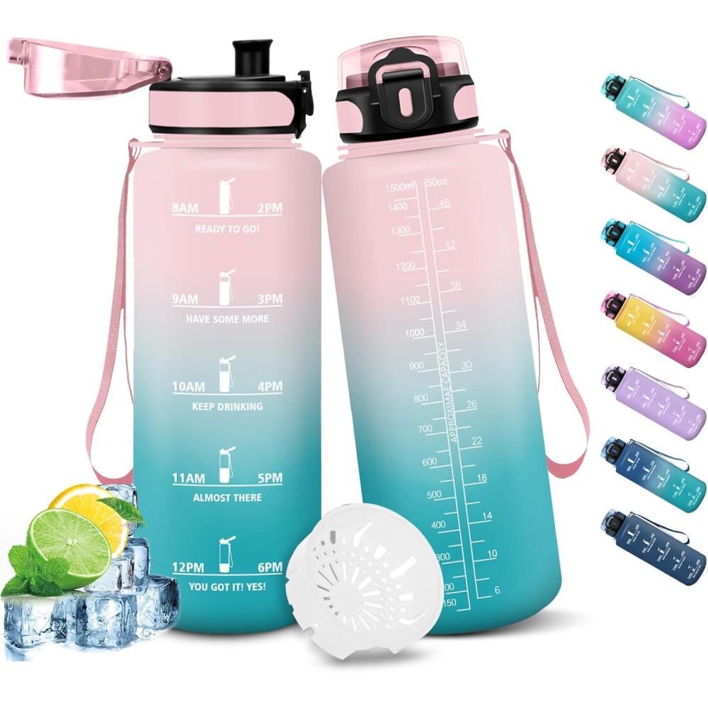 image:imageHoneyHolly Gourde Sport 1500ml tanche ampamp Rutilisable Bouteille Motivation avec Filtre Gourde Bouteille deau Gourdes pour Gym Ecole Cyclisme Plein air SportRose Cyan1 5 L