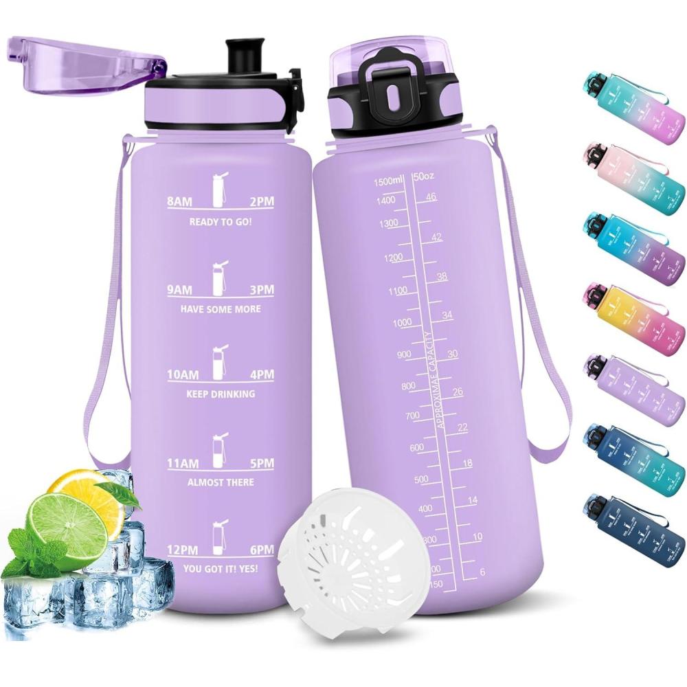 image:imageHoneyHolly Gourde Sport 1500ml tanche ampamp Rutilisable Bouteille Motivation avec Filtre Gourde Bouteille deau Gourdes pour Gym Ecole Cyclisme Plein air SportViolet Clair1 5 L