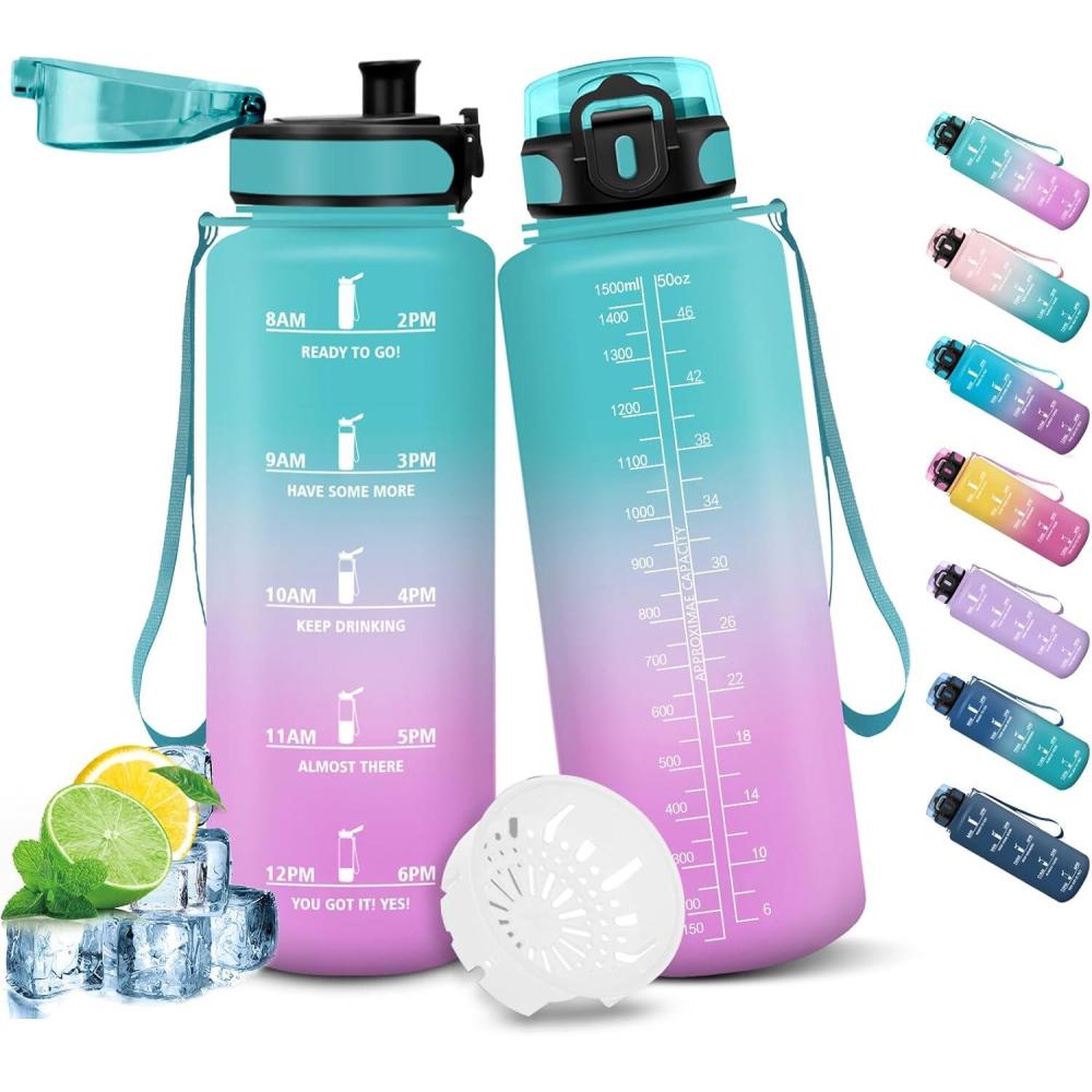 image:imageHoneyHolly Gourde Sport 1500ml tanche ampamp Rutilisable Bouteille Motivation avec Filtre Gourde Bouteille deau Gourdes pour Gym Ecole Cyclisme Plein air SportVert Poudre1 5 L
