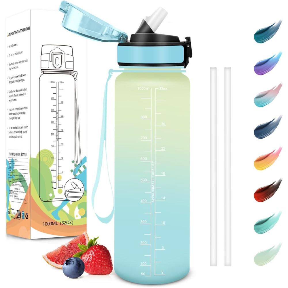 image:imageMotswedi Gourde Sport 1500ml Anti Fuite Gourde Paille Rutilisable Bouteille deau sans BPA Bouteille Reutilisable pour Adulte Randonne lcole Fitness Yoga Bureau Vert Fonc ampamp GrisBlanc Cass Bleu Clair1000ml