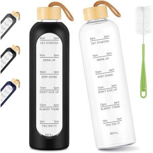 Bouteille d&rsquo;eau en Verre, 1L Gourde Réutilisable en Verre Borosilicate Avec Marqueur de Temps & Couvercle Bambou & Étui Silicone, Anti-Fuite Incassable, pour Sport/Camping/Voyage sans BPA(Noir)