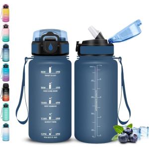 Gourde, Gourde 1l avec Paille, Gourdes Sport, anti Fuite, Gourdes Graduée avec Slogan de Motivation, Gourd Motivation, Facile à Nettoyer, Bouteille d&rsquo;eau pour Aptitude, Camping, Randonnée(Bleu Foncé)