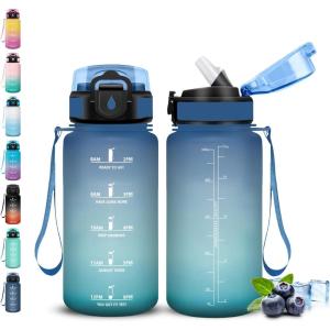 Gourde, Gourde 1l avec Paille, Gourdes Sport, anti Fuite, Gourdes Graduée avec Slogan de Motivation, Gourd Motivation, Facile à Nettoyer, Bouteille d&rsquo;eau pour Aptitude, Camping, Randonnée(Bleu-vert)