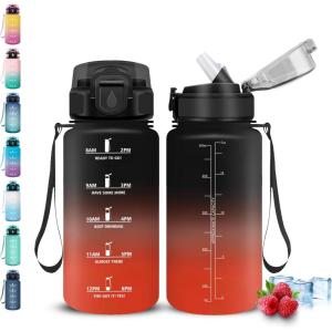 Gourde, Gourde 1l avec Paille, Gourdes Sport, anti Fuite, Gourdes Graduée avec Slogan de Motivation, Gourd Motivation, Facile à Nettoyer, Bouteille d&rsquo;eau pour Aptitude, Camping, Randonnée(Noir-rouge)