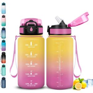 Gourde, Gourde 1l avec Paille, Gourdes Sport, anti Fuite, Gourdes Graduée avec Slogan de Motivation, Gourd Motivation, Facile à Nettoyer, Bouteille d&rsquo;eau pour Aptitude, Camping, Randonnée(Jaune-rose)