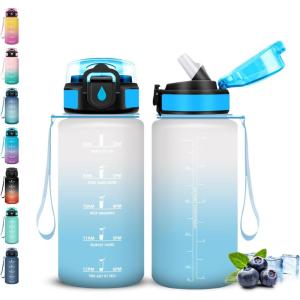 Gourde, Gourde 1l avec Paille, Gourdes Sport, anti Fuite, Gourdes Graduée avec Slogan de Motivation, Gourd Motivation, Facile à Nettoyer, Bouteille d&rsquo;eau pour Aptitude, Camping, Randonnée(Blanc-bleu)