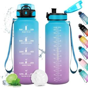 Gourde Sport 1L, Gourde Gym sans BPA, Étanche et Réutilisable, Bouteille d&rsquo;eau avec Marqueur de Temps et Filtre, Gourdes pour Enfant, Adulte, Garçon, Fille, l&rsquo;école, Camping, Gym, Sport, Yoga(50oz-1500ml | Bleu + Lilas)