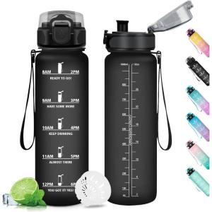 Gourde Sport 1L, Gourde Gym sans BPA, Étanche et Réutilisable, Bouteille d&rsquo;eau avec Marqueur de Temps et Filtre, Gourdes pour Enfant, Adulte, Garçon, Fille, l&rsquo;école, Camping, Gym, Sport, Yoga(32oz-1000ml | Mat Noir)