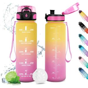 Gourde Sport 1L, Gourde Gym sans BPA, Étanche et Réutilisable, Bouteille d&rsquo;eau avec Marqueur de Temps et Filtre, Gourdes pour Enfant, Adulte, Garçon, Fille, l&rsquo;école, Camping, Gym, Sport, Yoga(17oz-500ml | Jaune + Rose)