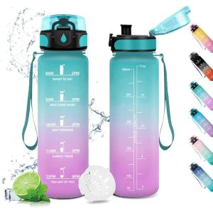 Gourde Sport 1L, Gourde Gym sans BPA, Étanche et Réutilisable, Bouteille d&rsquo;eau avec Marqueur de Temps et Filtre, Gourdes pour Enfant, Adulte, Garçon, Fille, l&rsquo;école, Camping, Gym, Sport, Yoga(17oz-500ml | Vert + Rose Clair)