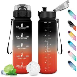 Gourde Sport 1L, Gourde Gym sans BPA, Étanche et Réutilisable, Bouteille d&rsquo;eau avec Marqueur de Temps et Filtre, Gourdes pour Enfant, Adulte, Garçon, Fille, l&rsquo;école, Camping, Gym, Sport, Yoga(32oz-1000ml | Noir + Rouge)