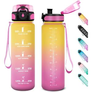 Gourde Sport 1L, Gourde Gym sans BPA, Étanche et Réutilisable, Bouteille d&rsquo;eau avec Marqueur de Temps et Filtre, Gourdes pour Enfant, Adulte, Garçon, Fille, l&rsquo;école, Camping, Gym, Sport, Yoga(32oz-1000ml | Jaune + Rose)