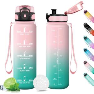 Gourde Sport 1L, Gourde Gym sans BPA, Étanche et Réutilisable, Bouteille d&rsquo;eau avec Marqueur de Temps et Filtre, Gourdes pour Enfant, Adulte, Garçon, Fille, l&rsquo;école, Camping, Gym, Sport, Yoga(17oz-500ml | Rose + Cyan)