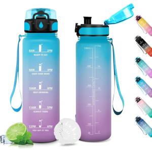 Gourde Sport 1L, Gourde Gym sans BPA, Étanche et Réutilisable, Bouteille d&rsquo;eau avec Marqueur de Temps et Filtre, Gourdes pour Enfant, Adulte, Garçon, Fille, l&rsquo;école, Camping, Gym, Sport, Yoga(17oz-500ml | Bleu + Lilas)
