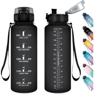 Gourde Sport 1L, Gourde Gym sans BPA, Étanche et Réutilisable, Bouteille d&rsquo;eau avec Marqueur de Temps et Filtre, Gourdes pour Enfant, Adulte, Garçon, Fille, l&rsquo;école, Camping, Gym, Sport, Yoga(50oz-1500ml | Mat Noir)