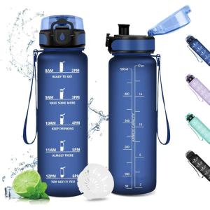 Gourde Sport 1L, Gourde Gym sans BPA, Étanche et Réutilisable, Bouteille d&rsquo;eau avec Marqueur de Temps et Filtre, Gourdes pour Enfant, Adulte, Garçon, Fille, l&rsquo;école, Camping, Gym, Sport, Yoga(17oz-500ml | Mat Marine Bleu)