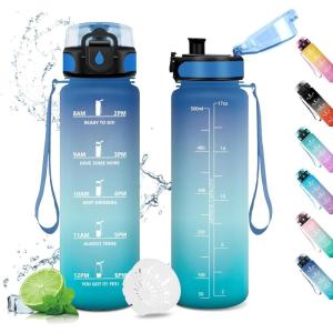Gourde Sport 1L, Gourde Gym sans BPA, Étanche et Réutilisable, Bouteille d&rsquo;eau avec Marqueur de Temps et Filtre, Gourdes pour Enfant, Adulte, Garçon, Fille, l&rsquo;école, Camping, Gym, Sport, Yoga(17oz-500ml | Bleu + Vert)