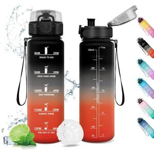 Gourde Sport 1L, Gourde Gym sans BPA, Étanche et Réutilisable, Bouteille d&rsquo;eau avec Marqueur de Temps et Filtre, Gourdes pour Enfant, Adulte, Garçon, Fille, l&rsquo;école, Camping, Gym, Sport, Yoga(17oz-500ml | Noir + Rouge)
