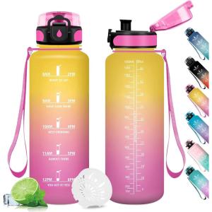 Gourde Sport 1L, Gourde Gym sans BPA, Étanche et Réutilisable, Bouteille d&rsquo;eau avec Marqueur de Temps et Filtre, Gourdes pour Enfant, Adulte, Garçon, Fille, l&rsquo;école, Camping, Gym, Sport, Yoga(50oz-1500ml | Jaune + Rose)