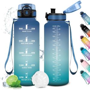 Gourde Sport 1L, Gourde Gym sans BPA, Étanche et Réutilisable, Bouteille d&rsquo;eau avec Marqueur de Temps et Filtre, Gourdes pour Enfant, Adulte, Garçon, Fille, l&rsquo;école, Camping, Gym, Sport, Yoga(50oz-1500ml | Bleu + Vert)