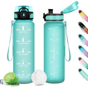 Gourde Sport 1L, Gourde Gym sans BPA, Étanche et Réutilisable, Bouteille d&rsquo;eau avec Marqueur de Temps et Filtre, Gourdes pour Enfant, Adulte, Garçon, Fille, l&rsquo;école, Camping, Gym, Sport, Yoga(17oz-500ml | Mat Bleu-vert)