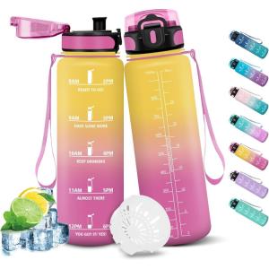 HoneyHolly Gourde Sport, 1500ml Étanche & Réutilisable, Bouteille, Motivation avec Filtre Gourde, Bouteille d&rsquo;eau, Gourdes pour Gym, Ecole, Cyclisme, Plein air, Sport(Jaune Rose-1l)