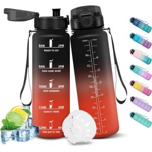 HoneyHolly Gourde Sport, 1500ml Étanche & Réutilisable, Bouteille, Motivation avec Filtre Gourde, Bouteille d&rsquo;eau, Gourdes pour Gym, Ecole, Cyclisme, Plein air, Sport(Noir Rouge-1l)