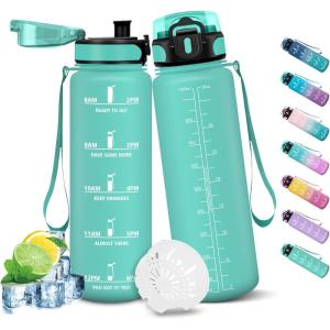 HoneyHolly Gourde Sport, 1500ml Étanche & Réutilisable, Bouteille, Motivation avec Filtre Gourde, Bouteille d&rsquo;eau, Gourdes pour Gym, Ecole, Cyclisme, Plein air, Sport(Bleu Vert-1l)