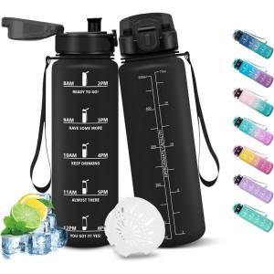 HoneyHolly Gourde Sport, 1500ml Étanche & Réutilisable, Bouteille, Motivation avec Filtre Gourde, Bouteille d&rsquo;eau, Gourdes pour Gym, Ecole, Cyclisme, Plein air, Sport(Noir-0 5l)