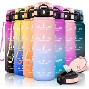 Motswedi Gourde Sport, 1500ml Anti Fuite, Gourde Paille, Réutilisable, Bouteille d&rsquo;eau, sans BPA, Bouteille Reutilisable, pour Adulte, Randonnée, l&rsquo;école, Fitness, Yoga, Bureau, Vert Foncé & Gris(Rose & Bleu Ciel-1000ml)