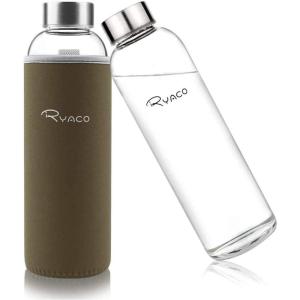 Ryaco Bouteille d&rsquo;eau en verre de 550ml/18oz sans BPA– Bouteille en borosilicate anti-fuite–Idéale pour maison, les voyages, le sport, le yoga, la gym, les boissons chaudes et froides avec(Café Léger)