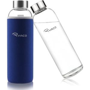 Ryaco Bouteille d&rsquo;eau en verre de 550ml/18oz sans BPA– Bouteille en borosilicate anti-fuite–Idéale pour maison, les voyages, le sport, le yoga, la gym, les boissons chaudes et froides avec(Saphir)