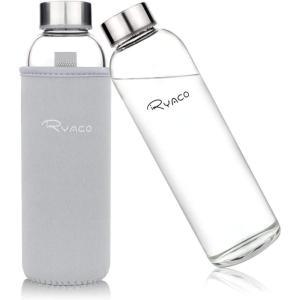 Ryaco Bouteille d&rsquo;eau en verre de 550ml/18oz sans BPA– Bouteille en borosilicate anti-fuite–Idéale pour maison, les voyages, le sport, le yoga, la gym, les boissons chaudes et froides avec(Gris Clair)