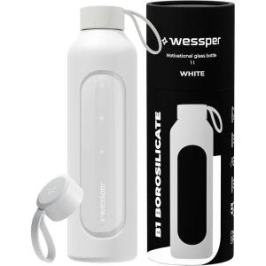 Wessper Bouteille d’eau 1L de Motivation en verre avec temps horaire, Sans BPA, Gourde en verre hermétique 1000 ml avec couvercle en bambou réutilisable avec housse en silicone – Blanc