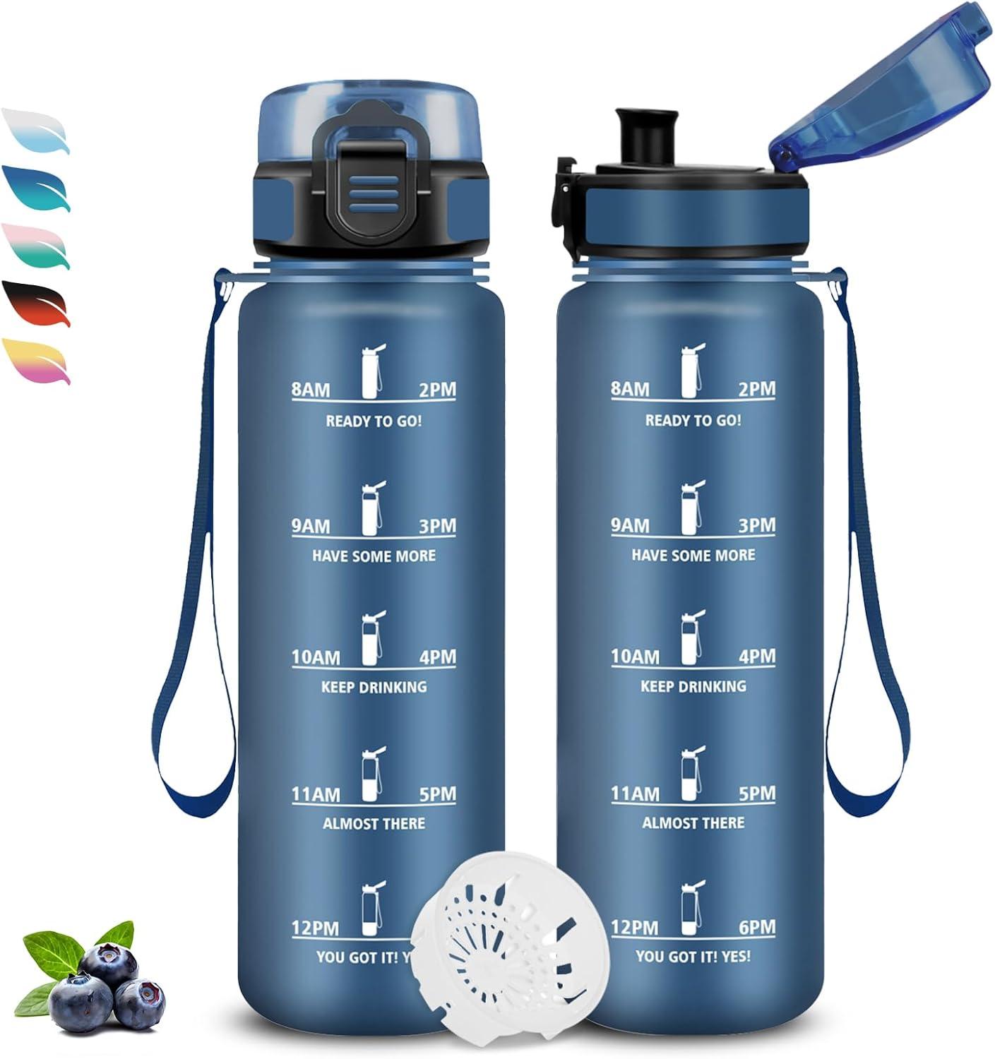 image:imageBouteille Gourde 1l Gourde Sport AntiFuite Facile Nettoyer Water Bottle Motivation avec Slogan de Motivation Bouteille Gradue pour 1 Journee Water Bottle pour Running Voyage cole SportBleu Marine