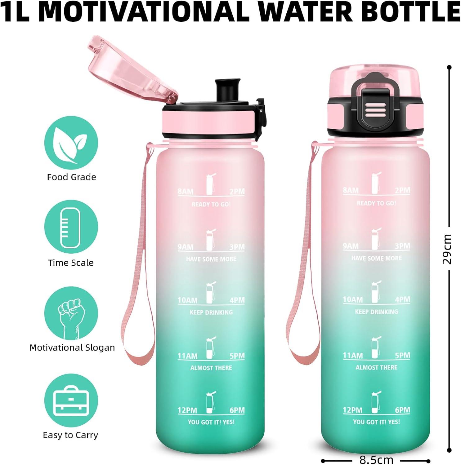 image:imageBouteille Gourde 1l Gourde Sport AntiFuite Facile Nettoyer Water Bottle Motivation avec Slogan de Motivation Bouteille Gradue pour 1 Journee Water Bottle pour Running Voyage cole SportRosecyan