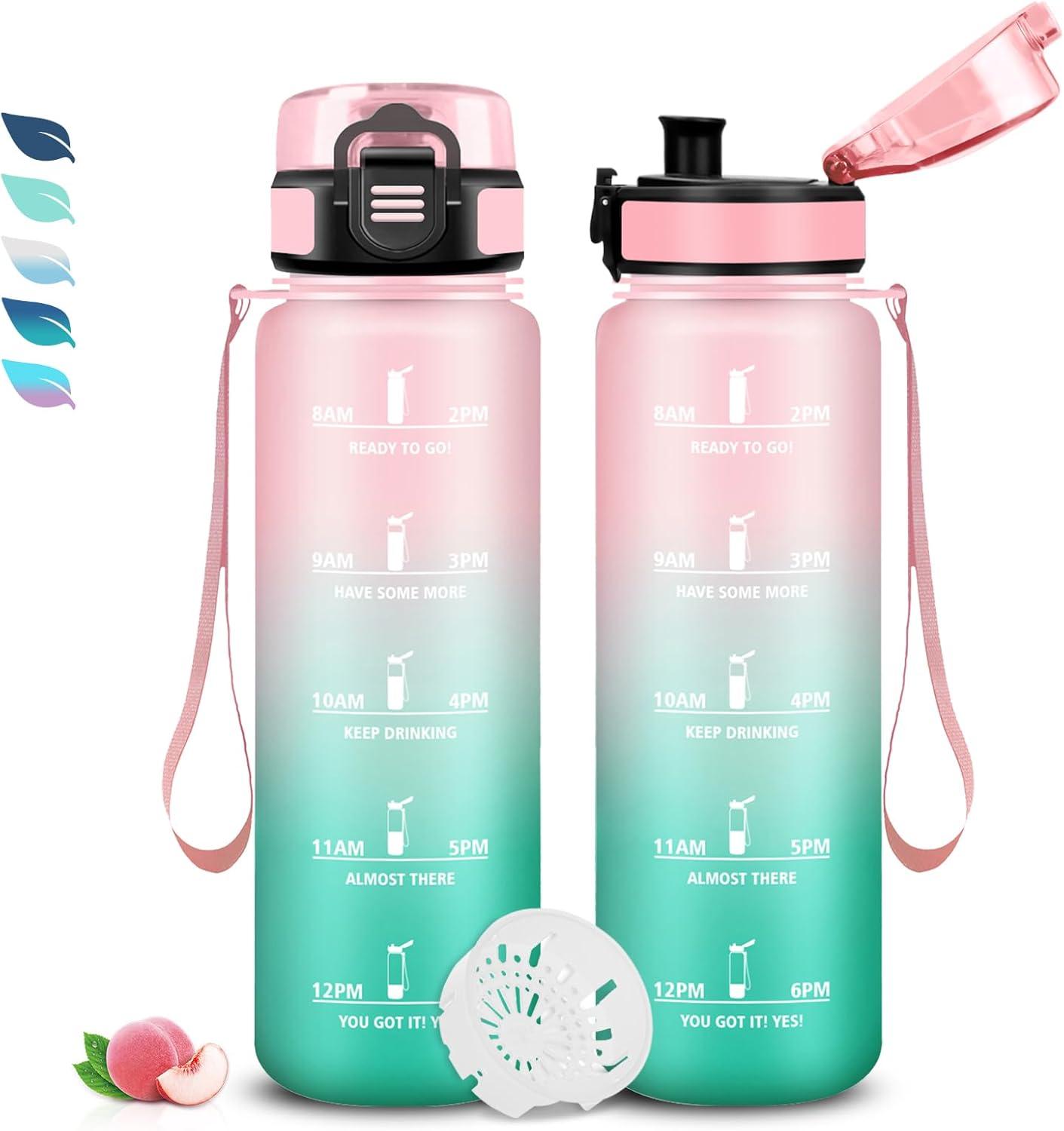 image:imageBouteille Gourde 1l Gourde Sport AntiFuite Facile Nettoyer Water Bottle Motivation avec Slogan de Motivation Bouteille Gradue pour 1 Journee Water Bottle pour Running Voyage cole SportRosecyan