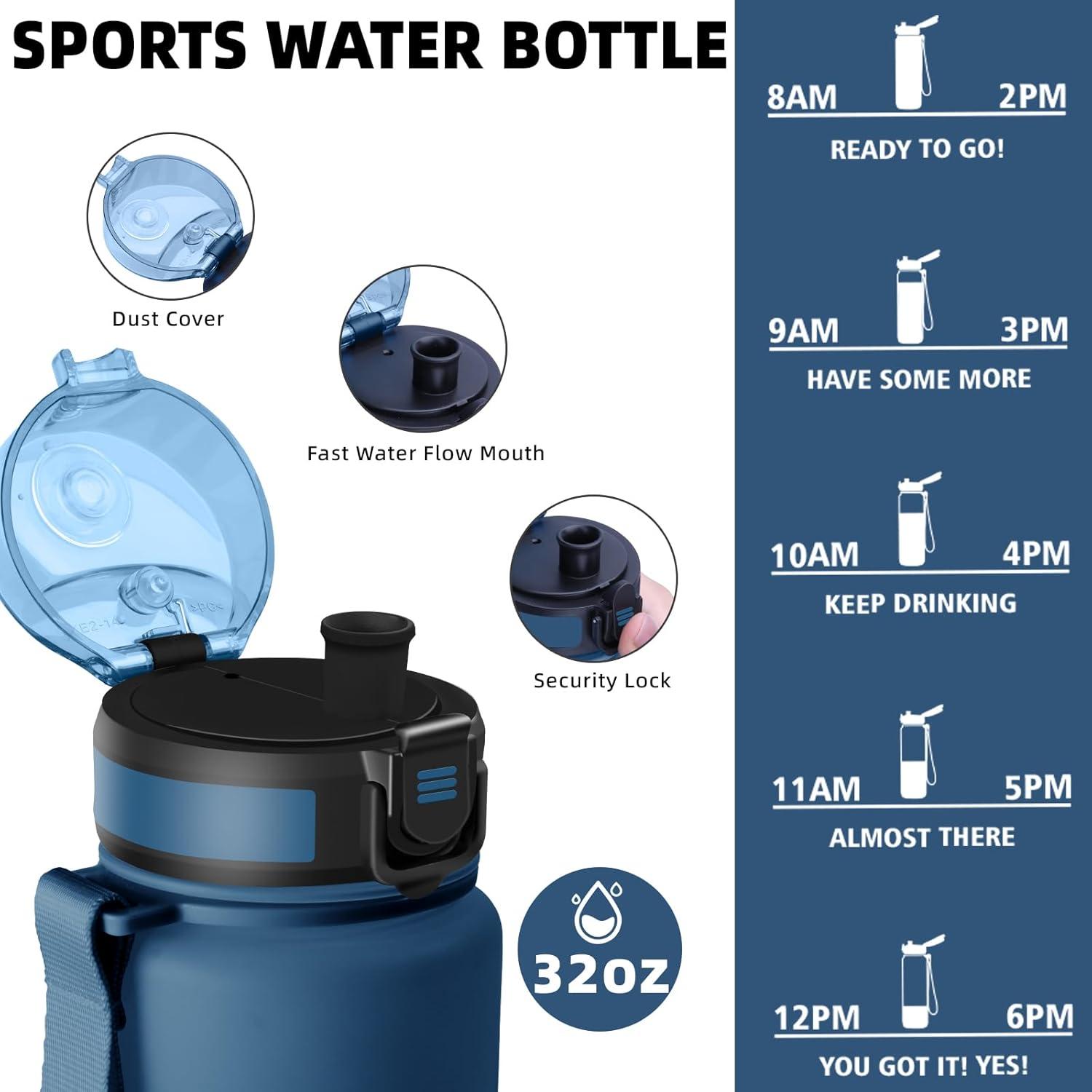 image:imageBouteille Gourde 1l Gourde Sport AntiFuite Facile Nettoyer Water Bottle Motivation avec Slogan de Motivation Bouteille Gradue pour 1 Journee Water Bottle pour Running Voyage cole SportBleu Marine