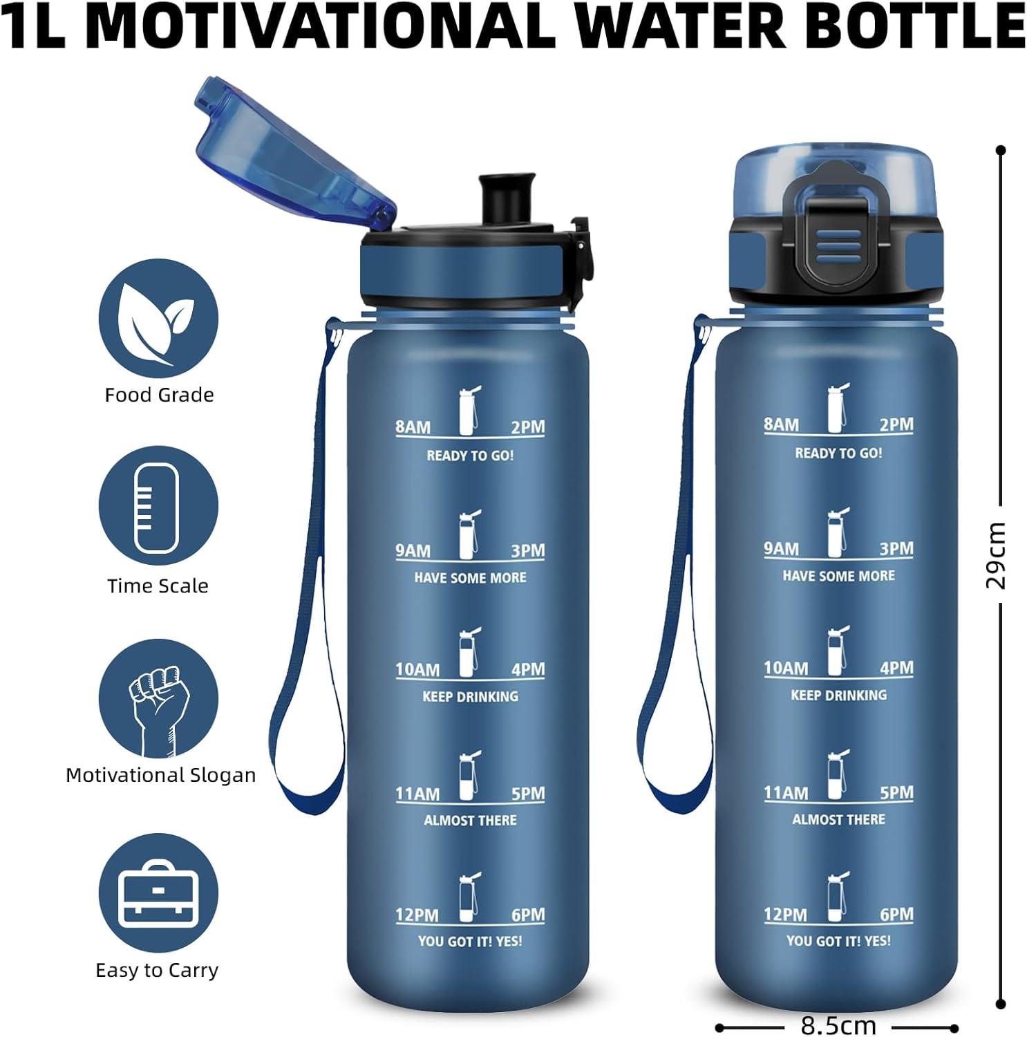 image:imageBouteille Gourde 1l Gourde Sport AntiFuite Facile Nettoyer Water Bottle Motivation avec Slogan de Motivation Bouteille Gradue pour 1 Journee Water Bottle pour Running Voyage cole SportBleu Marine
