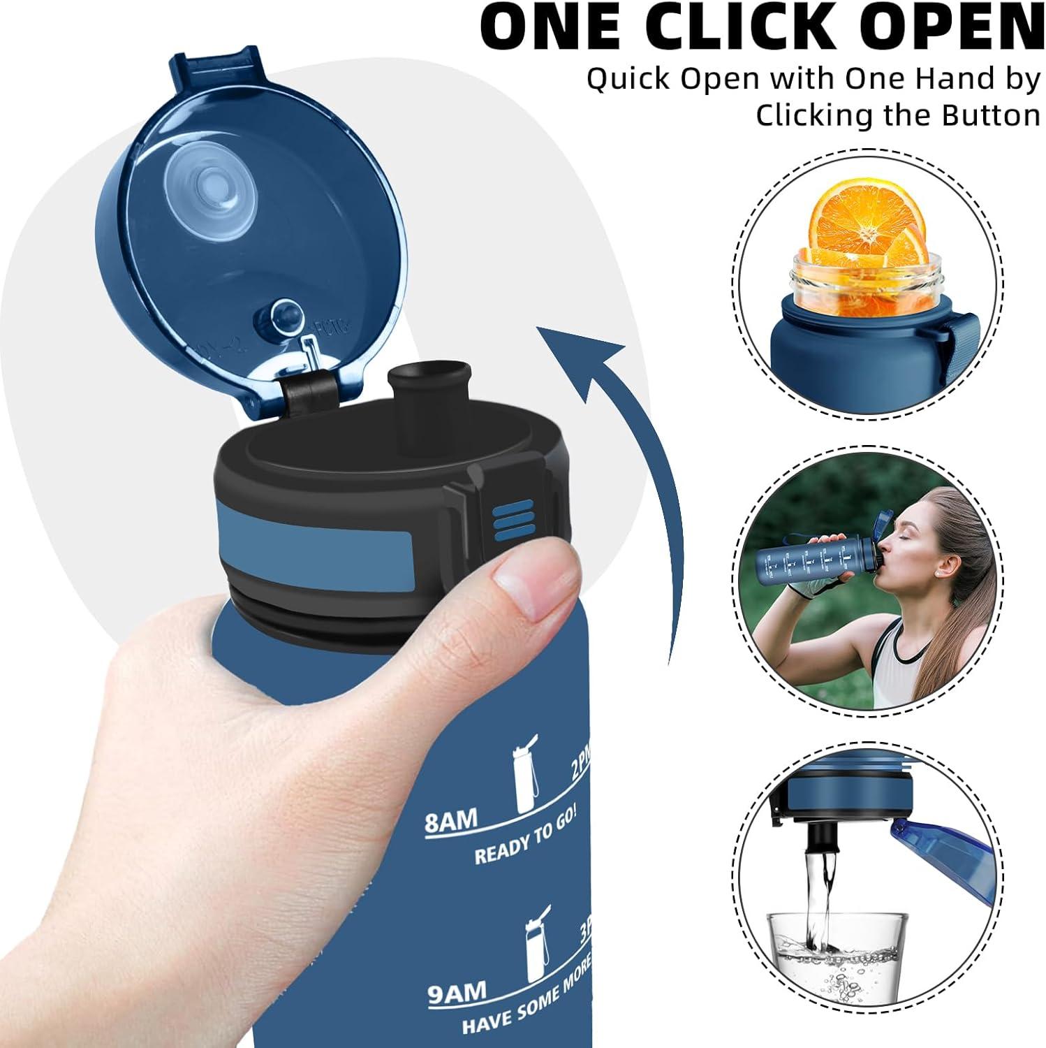 image:imageBouteille Gourde 1l Gourde Sport AntiFuite Facile Nettoyer Water Bottle Motivation avec Slogan de Motivation Bouteille Gradue pour 1 Journee Water Bottle pour Running Voyage cole SportBleu Marine
