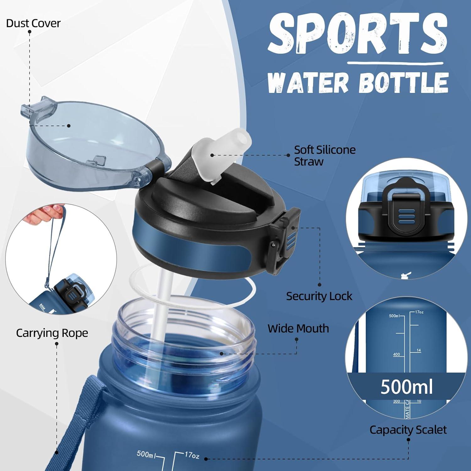 image:imageBouteille deau de 1 l avec paille et indicateur de temps antifuite pour la course le camping et la randonne bouteille de sportBleu Marine