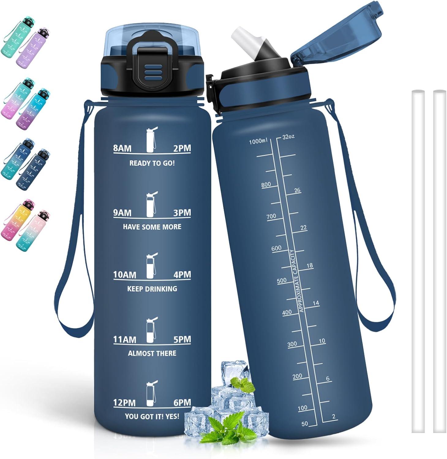 image:imageBouteille deau de 1 l avec paille et indicateur de temps antifuite pour la course le camping et la randonne bouteille de sportBleu Marine