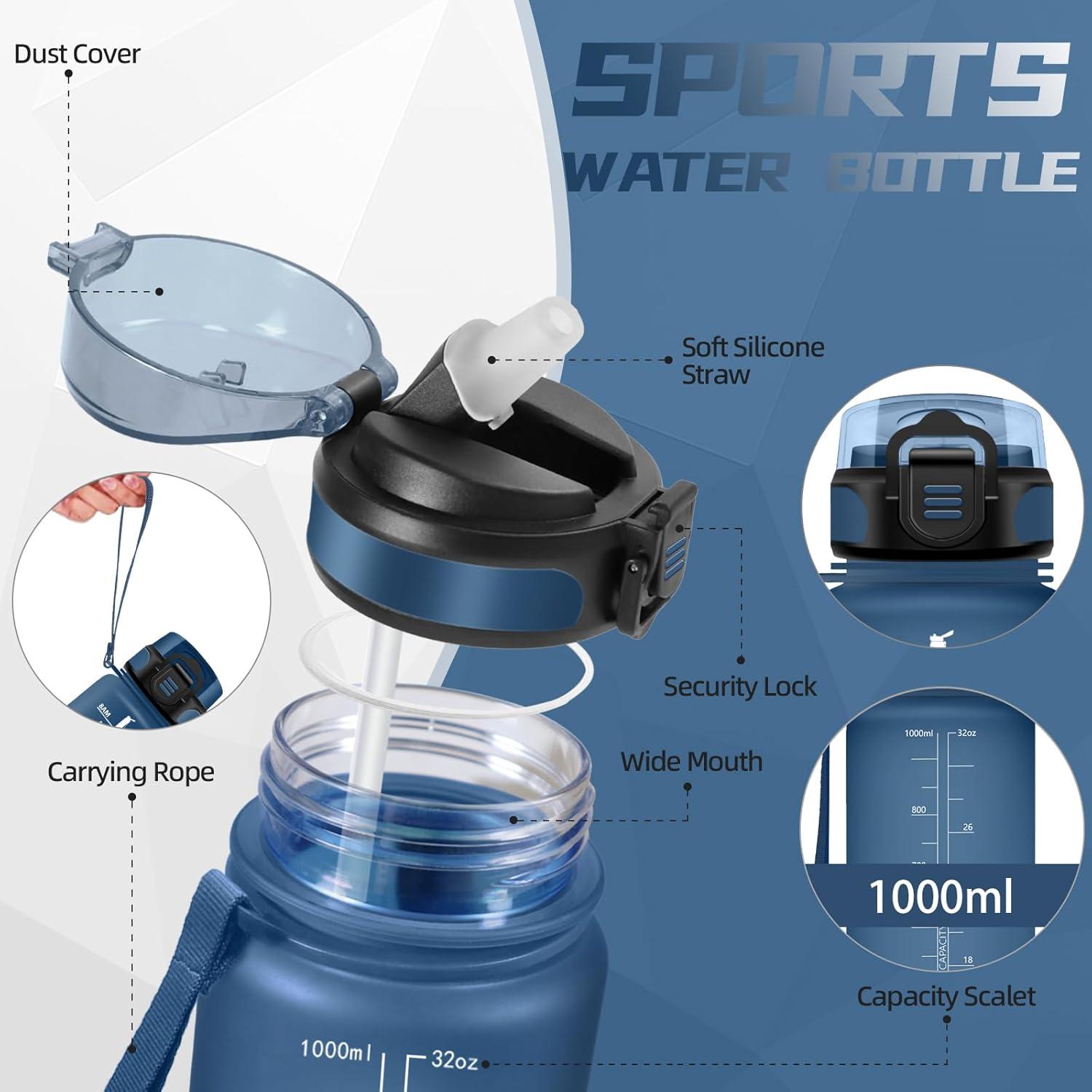 image:imageBouteille deau de 1 l avec paille et indicateur de temps antifuite pour la course le camping et la randonne bouteille de sportBleu Marine
