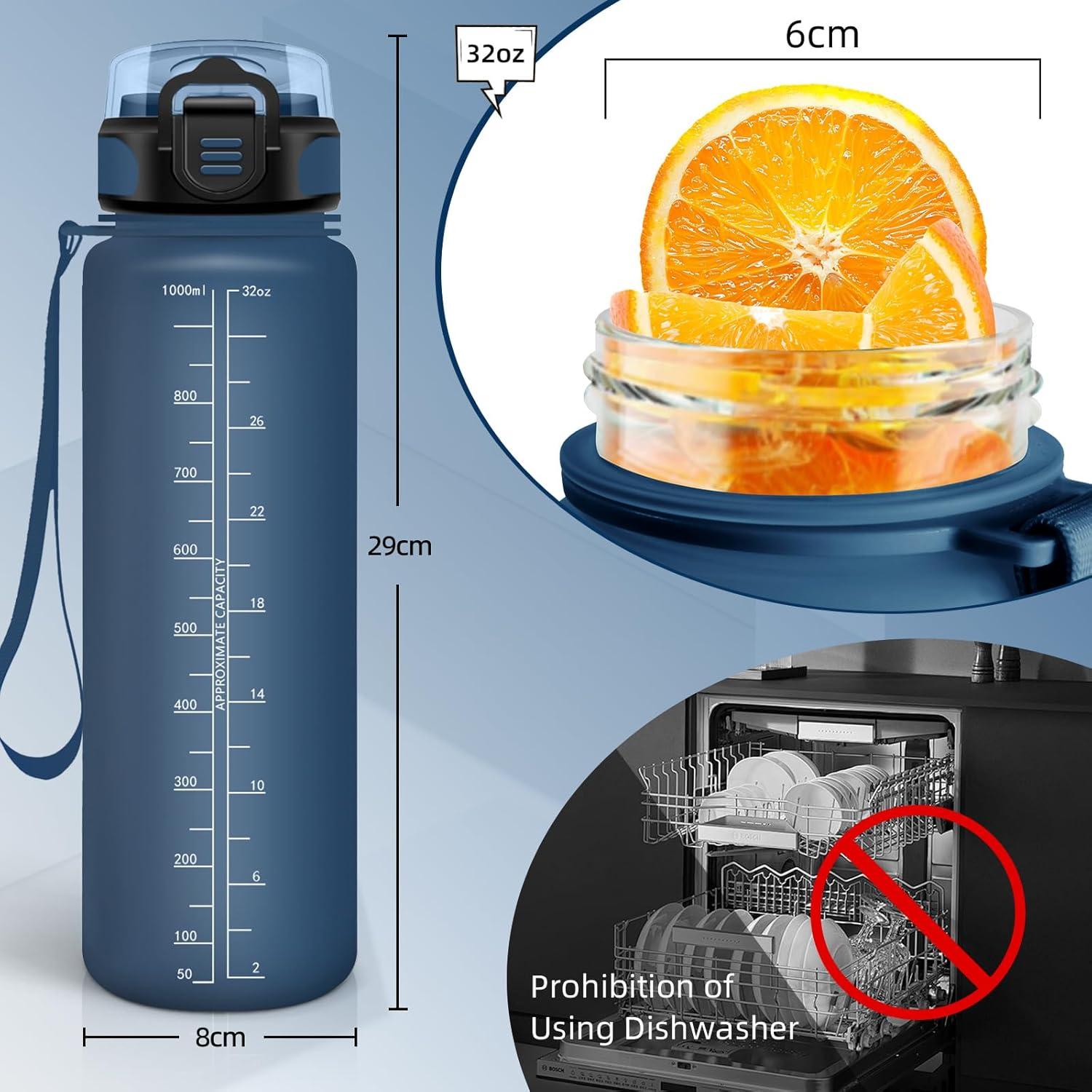 image:imageBouteille deau de 1 l avec paille et indicateur de temps antifuite pour la course le camping et la randonne bouteille de sportBleu Marine