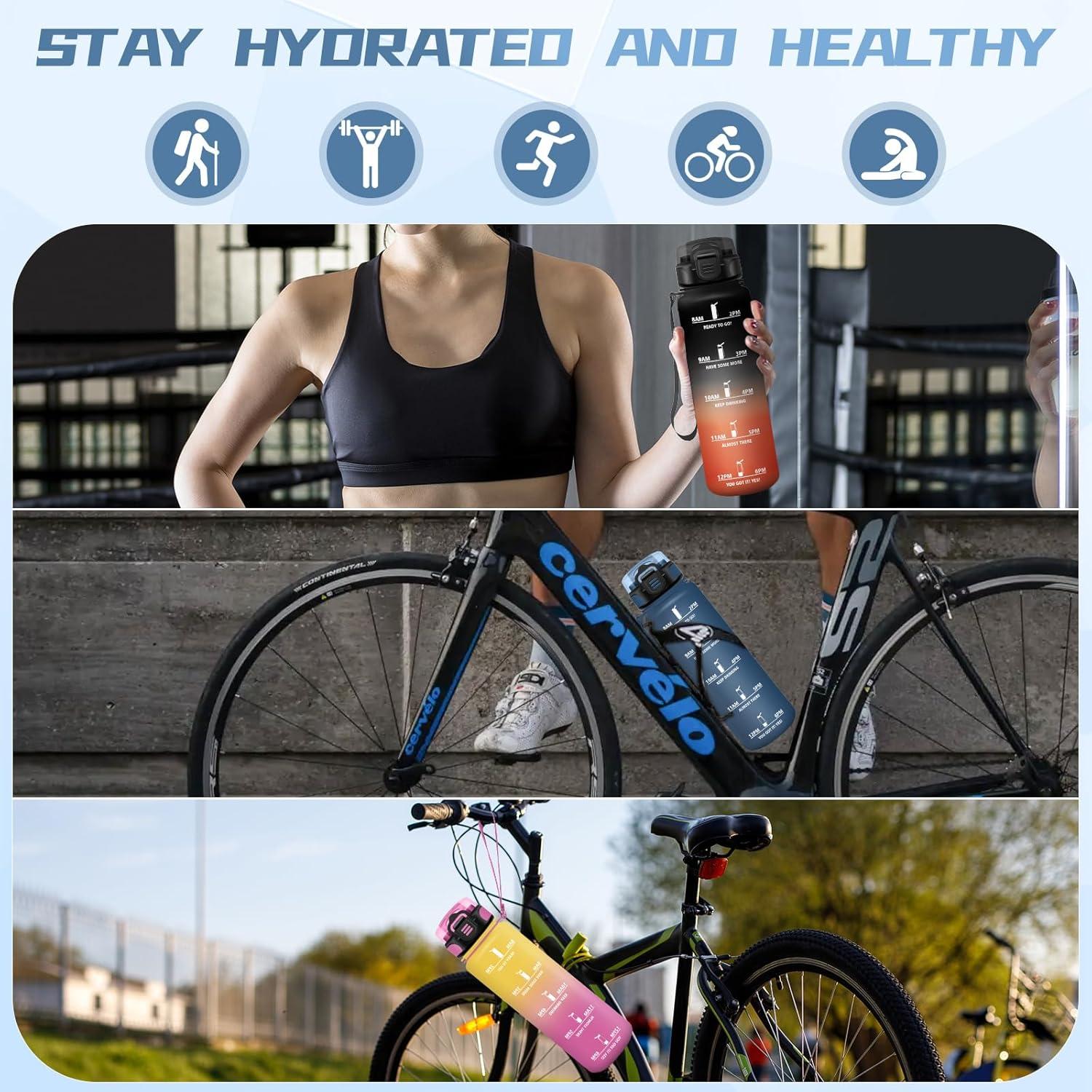 image:imageBouteille deau de 1 l avec paille et indicateur de temps antifuite pour la course le camping et la randonne bouteille de sportBleu Marine