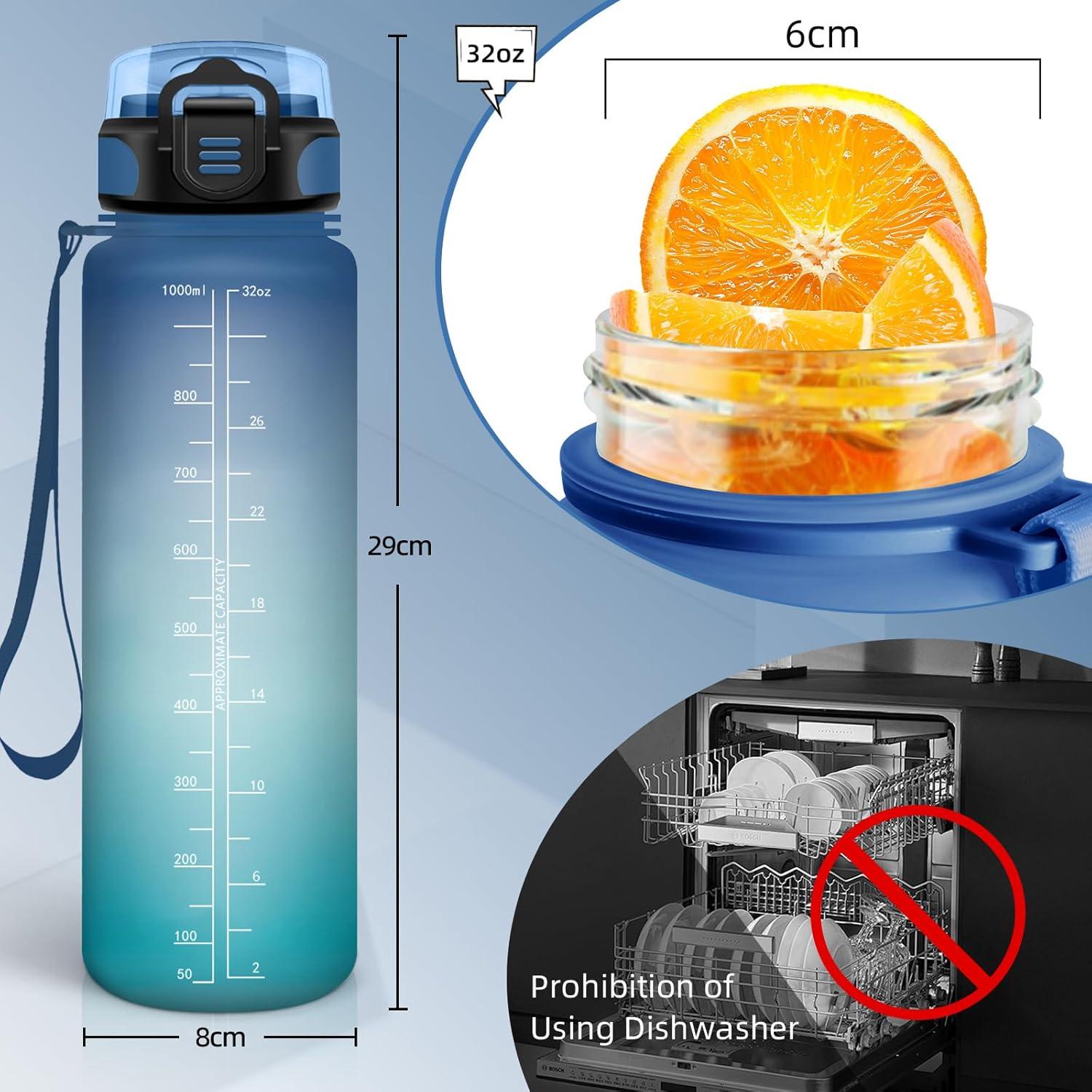 image:imageBouteille deau de 1 l avec paille et indicateur de temps antifuite pour la course le camping et la randonne bouteille de sportBleuvert