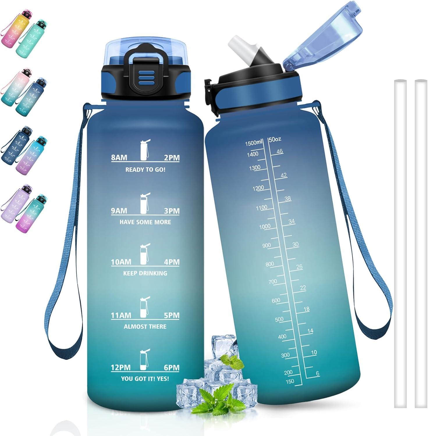 image:imageBouteille deau de 1 l avec paille et indicateur de temps antifuite pour la course le camping et la randonne bouteille de sportBleuvert