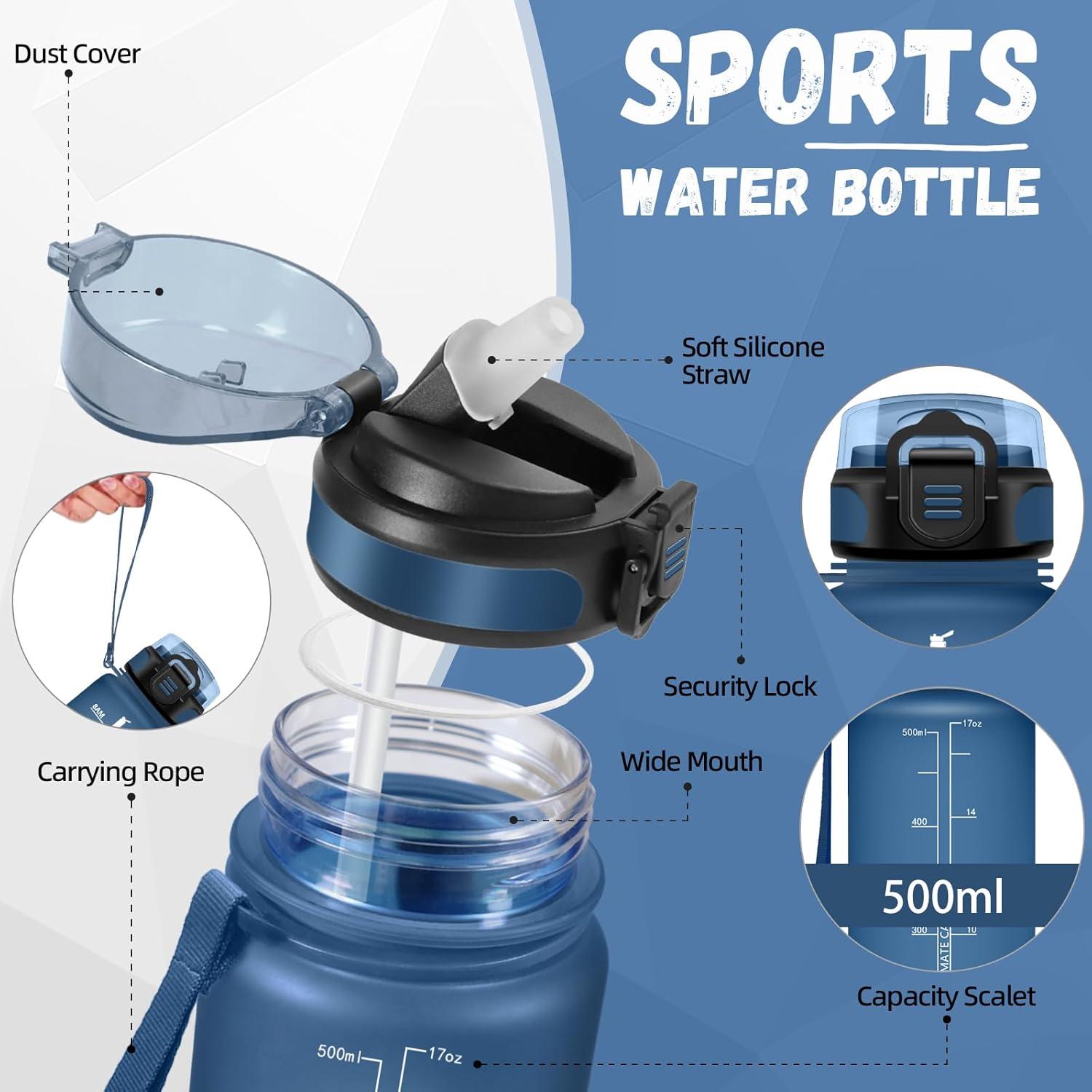 image:imageBouteille deau de 1 l avec paille et indicateur de temps antifuite pour la course le camping et la randonne bouteille de sportBleuvert